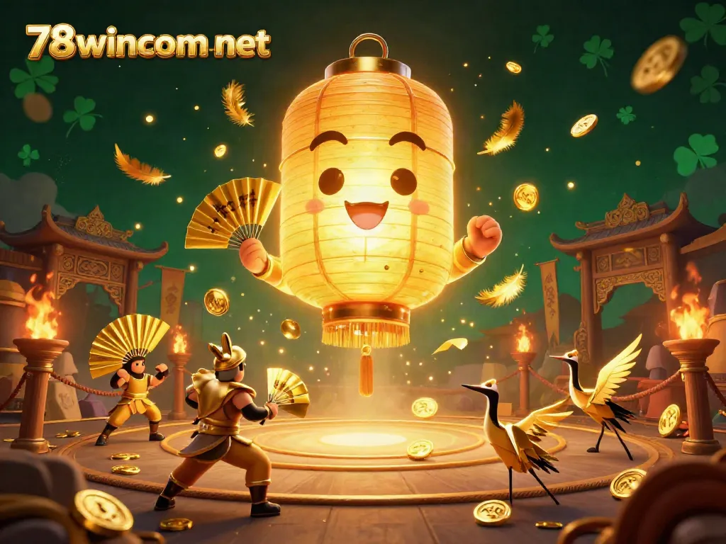 Engage with the vibrant 78wincom net casino scene featuring a glowing lantern spirit and dynamic warriors.
