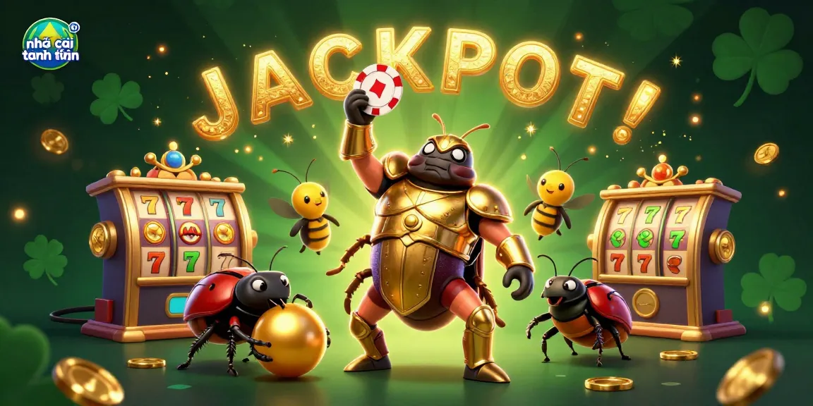 Experience the thrill of nhà cái tặng tiền with a victorious beetle character celebrating a jackpot among colorful slot machines.