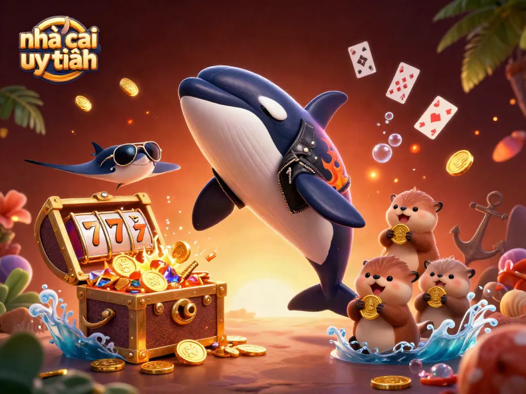 Win at nhà cái uy tín with exciting characters and casino game elements in a vibrant underwater scene.