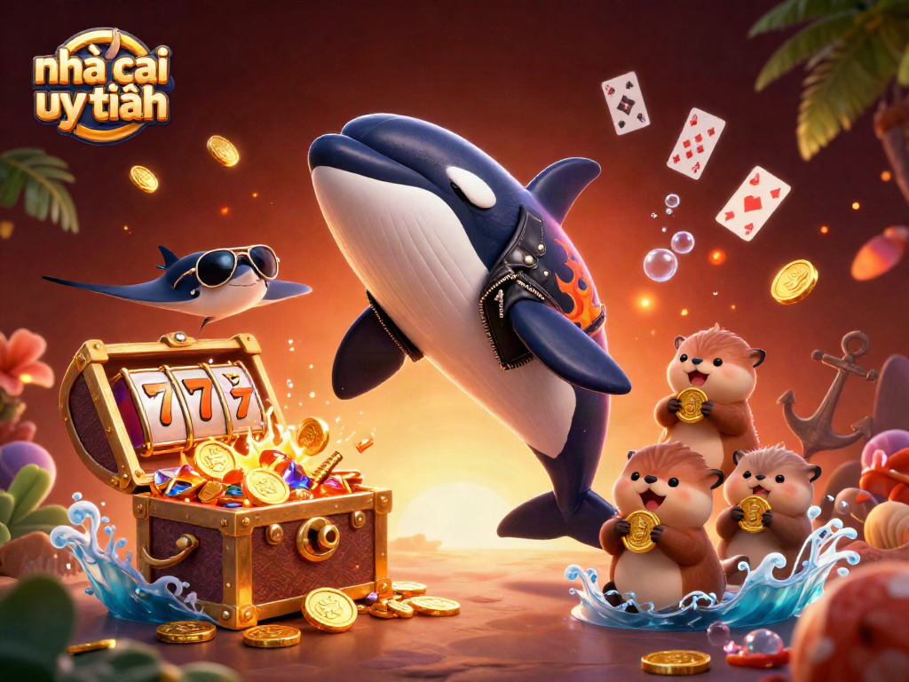 Win at nhà cái uy tín with exciting characters and casino game elements in a vibrant underwater scene.