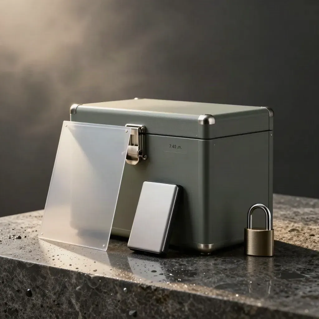 Matte archival vault case with sealed sleeves, backup drive, and padlock on a rain-damp stone plinth.