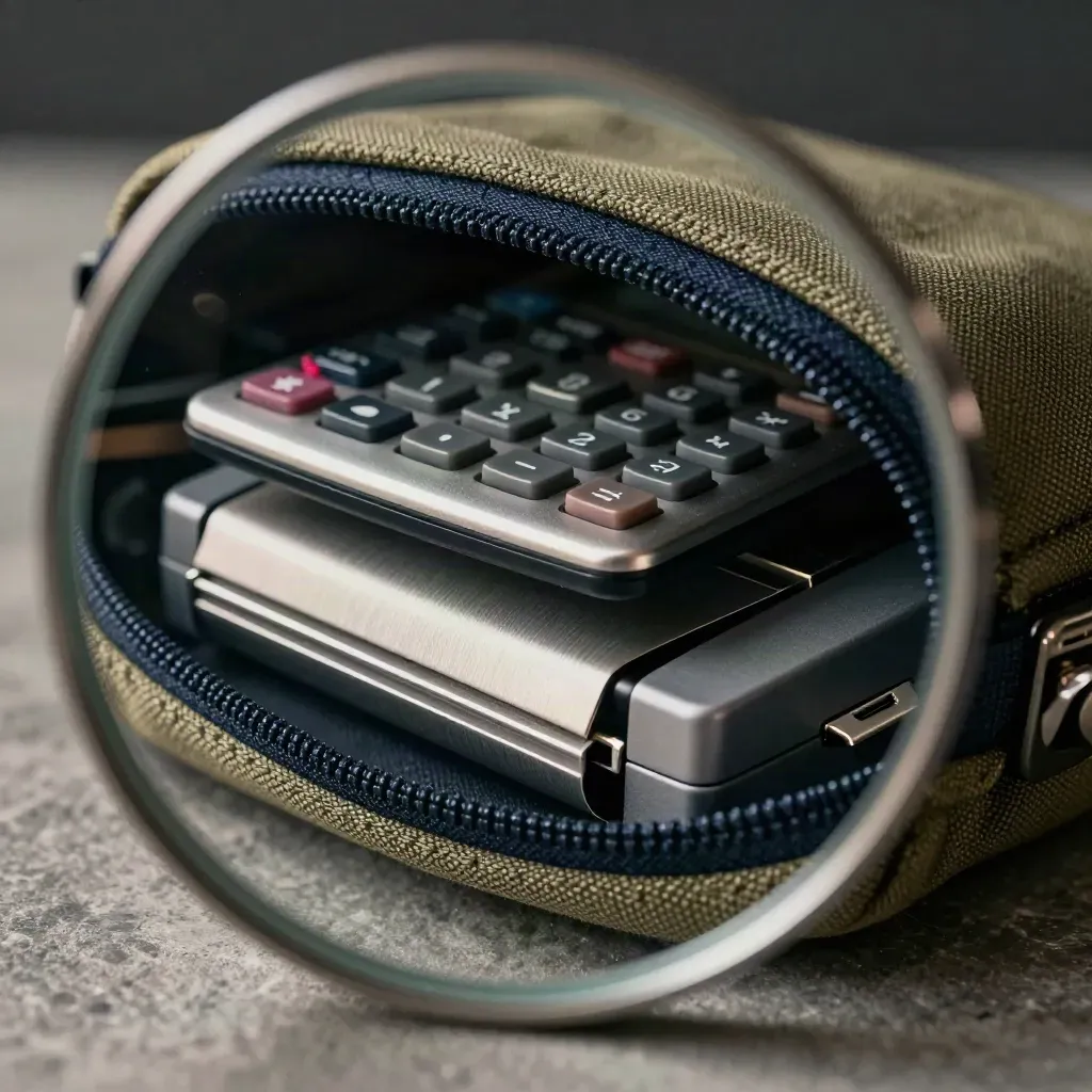 Macro still life of pouch, calculator, tray, and coin sorter on stone
