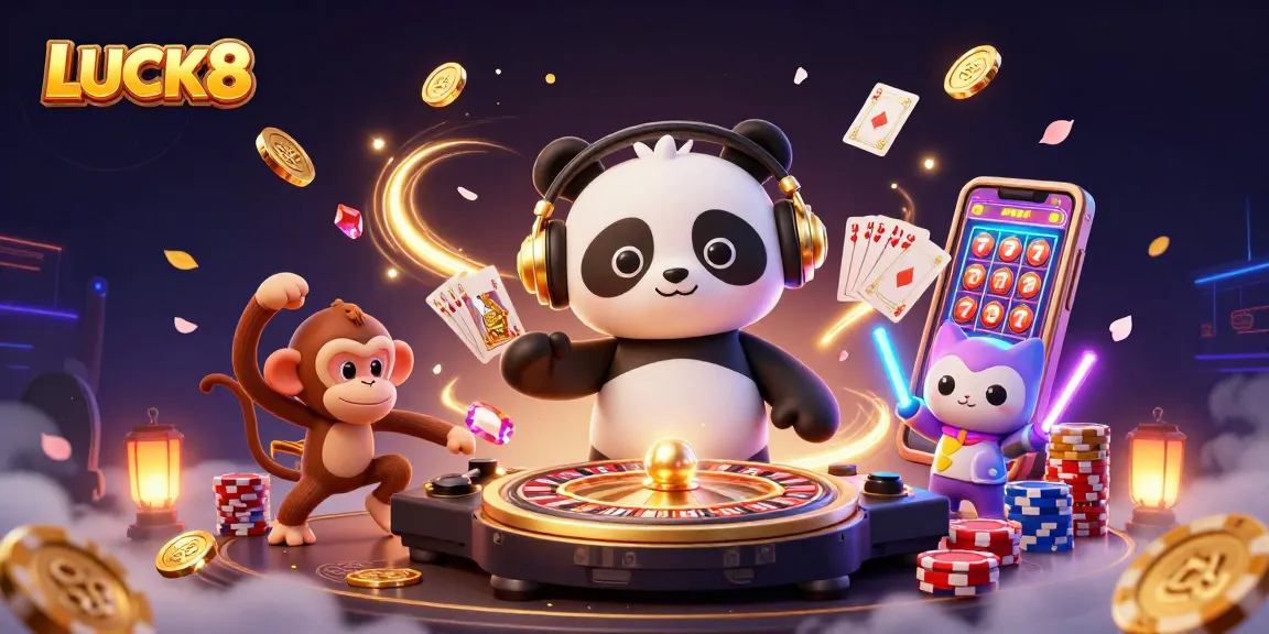 LUCK8 offers thrilling casino action with DJ Panda and friends enjoying games amidst sparkling gems.
