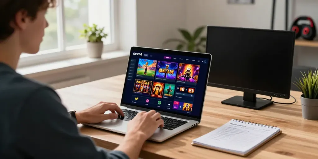 Engaging user interacting with SKY88 platform for online gaming at stylish home desk, showcasing vibrant gaming interface.
