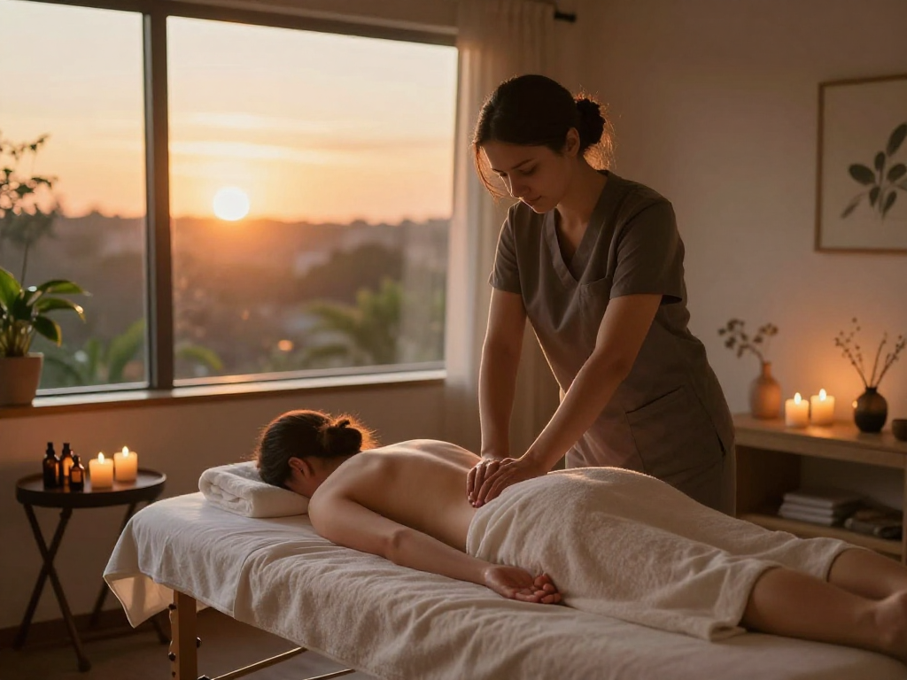 의정부출장마사지 with a professional therapist creating a calming atmosphere in a serene home.