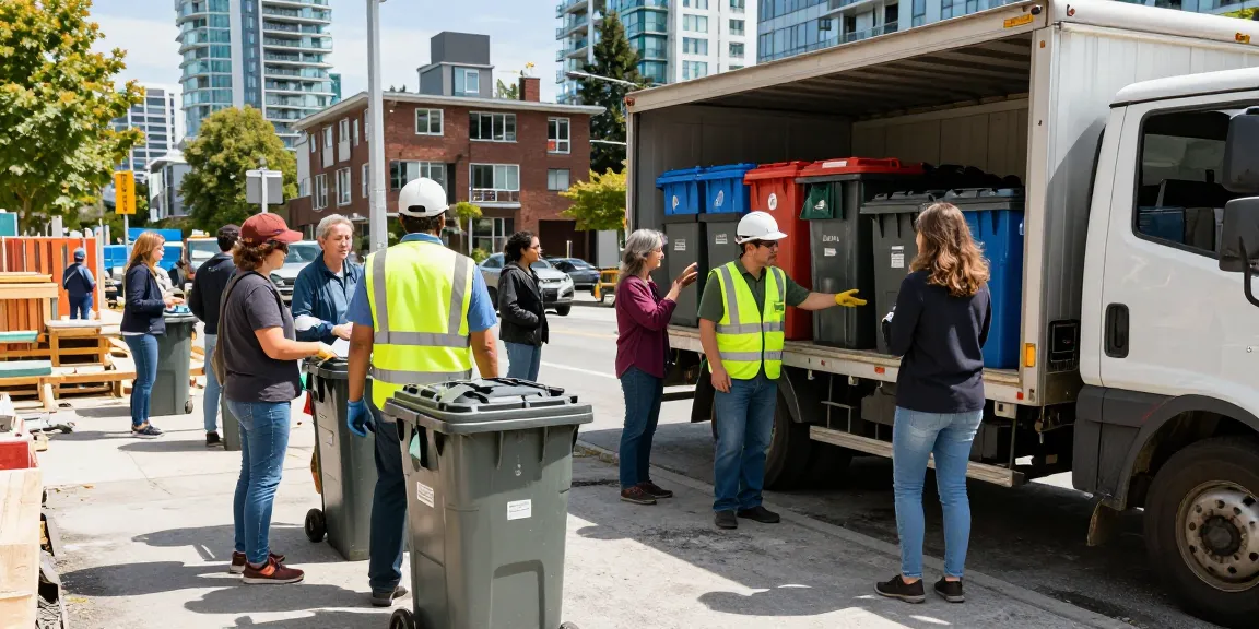 Engaged professionals managing bin rentals Vancouver with diverse bin sizes and a busy urban backdrop.