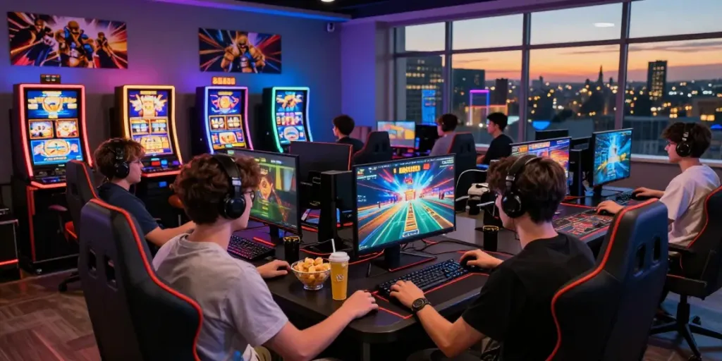 Engaged players enjoying various games at https://choinohu.vip/ in a vibrant gaming setup.