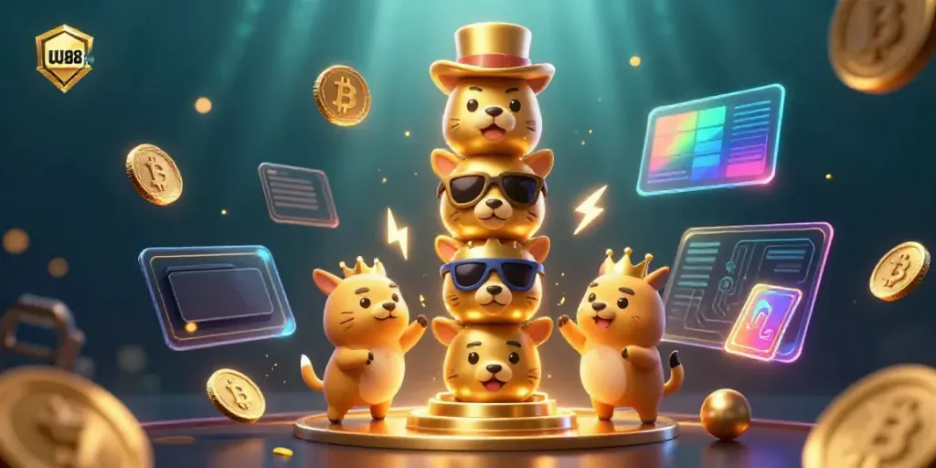 Experience the excitement of UU88 with a vibrant 3D casino illustration featuring a golden totem and crypto elements.