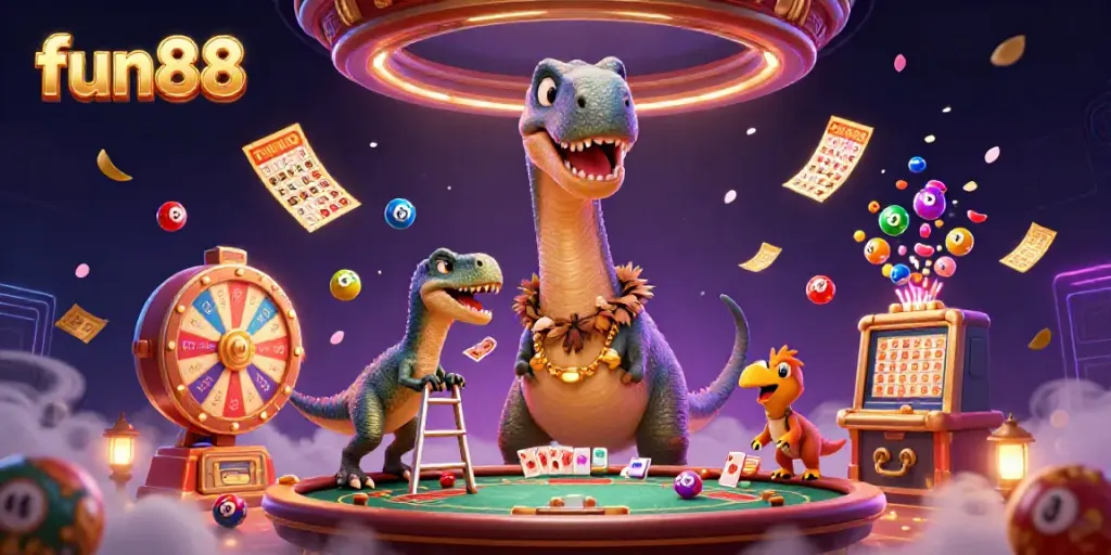 Experience fun88's vibrant gaming scene with dynamic elements and characters in a captivating casino atmosphere.