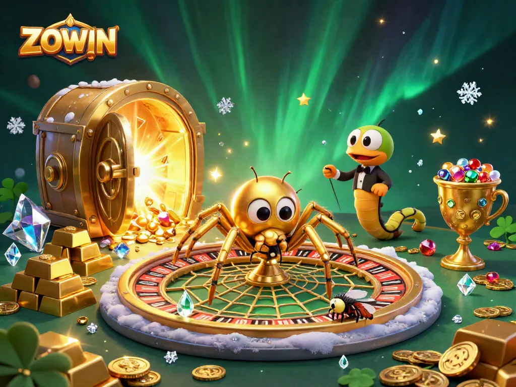 ZOWIN's thrilling roulette experience features a golden spider croupier, inviting players to bet within a lavish casino.