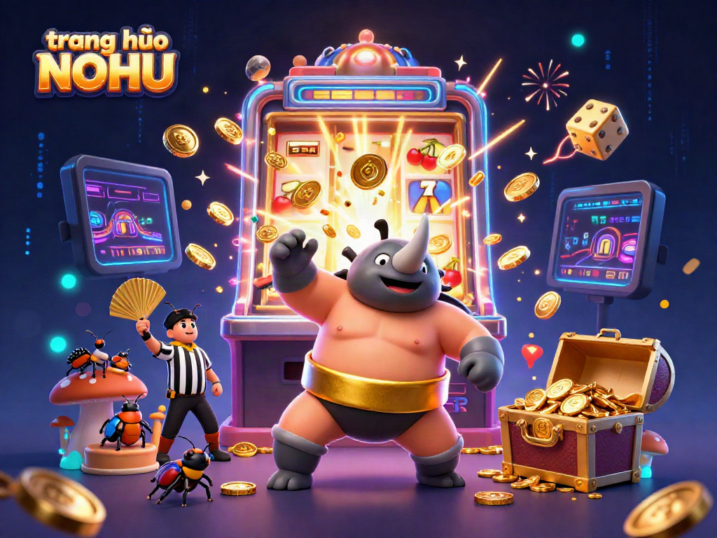 Experience the excitement of trang chủ NOHU with a vibrant 3D illustration showcasing a sumo beetle champion amidst a jackpot explosion, capturing lively casino action.