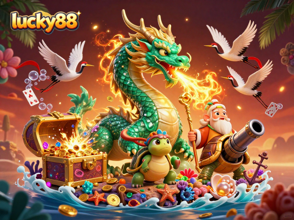 Experience the excitement of lucky88 with a vibrant casino scene highlighting the jade dragon, turtle sage, and lucky cranes.