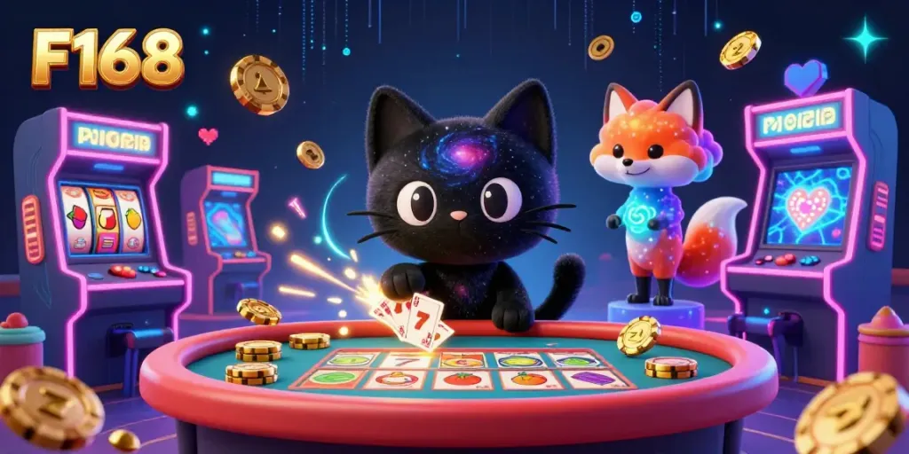 Engage in thrilling gameplay at F168, with a cosmic casino scene featuring captivating slot elements and vibrant characters.