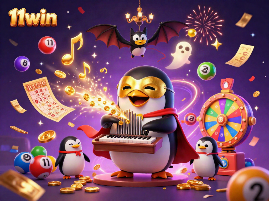 Experience the magic of 11win with 3D cartoon characters and lottery elements in a vibrant casino scene.