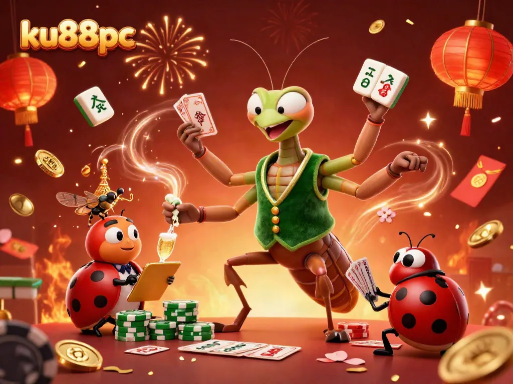 Experience the excitement of ku88pc with our 3D illustration of a giant praying mantis card sharp in action, featuring vibrant casino elements.