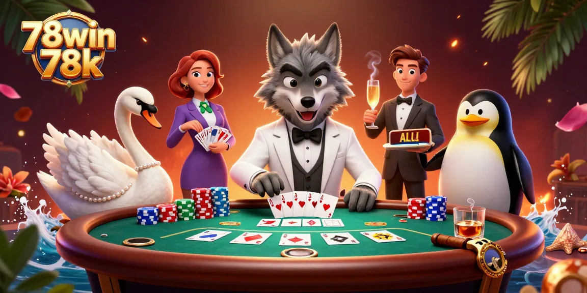 Engage with vibrant 78win 78k casino action at a lively baccarat table featuring a wolf, swan, and penguin.