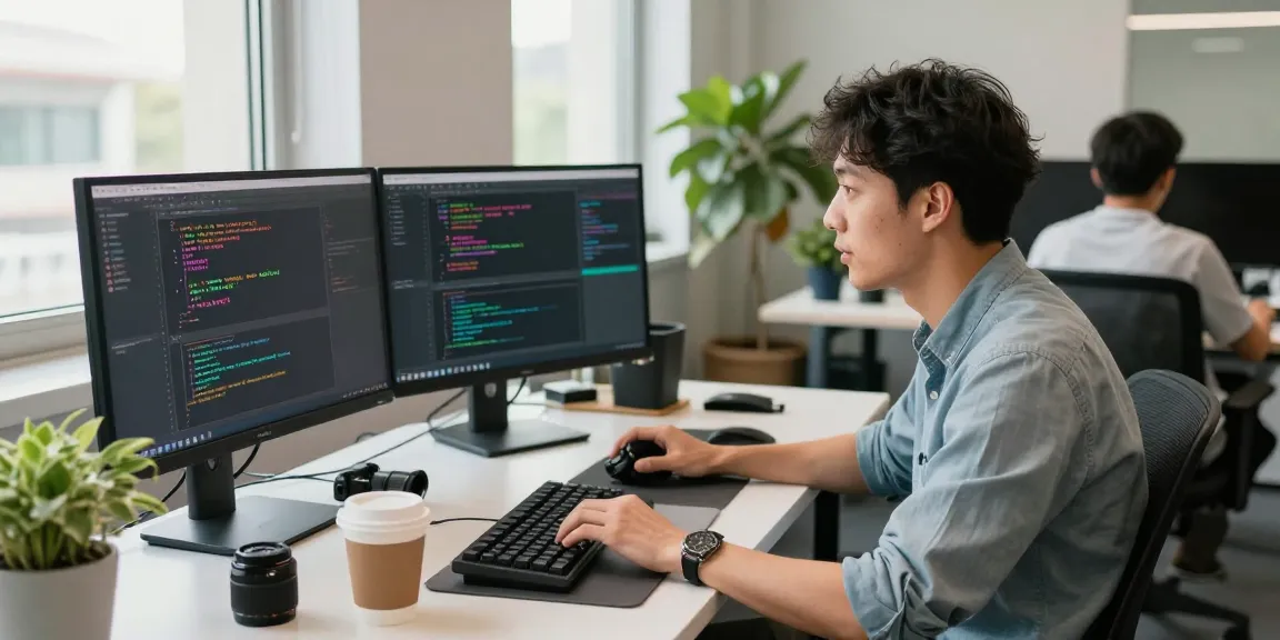 Engaged developer coding with Crush AI tools in a vibrant tech workspace.