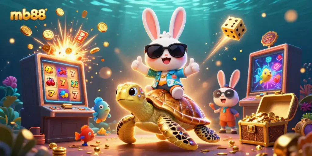 Experience thrilling wins with mb88 at this vibrant casino scene featuring lucky symbols and characters.