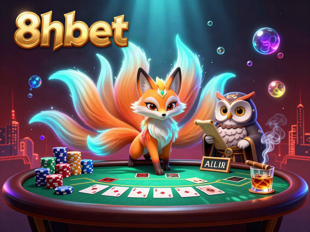 Join the excitement at 8xbet with a vibrant illustration of a mystical poker scene featuring a nine-tailed fox and wise guardian.