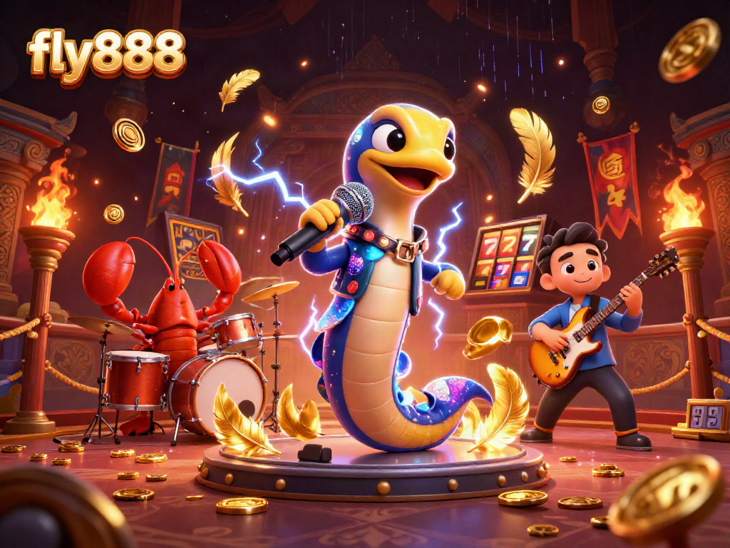 Experience the thrill of fly888 as an electric eel DJ entertains with lively casino elements.