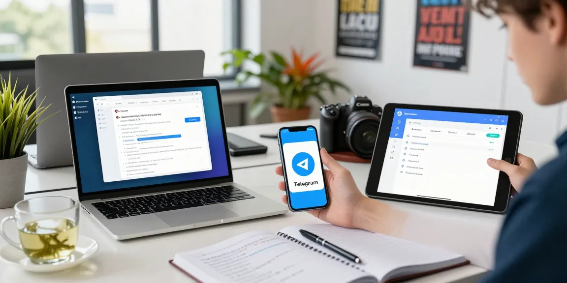 Engaging with Telegram Chinese interface across devices in a modern workspace.