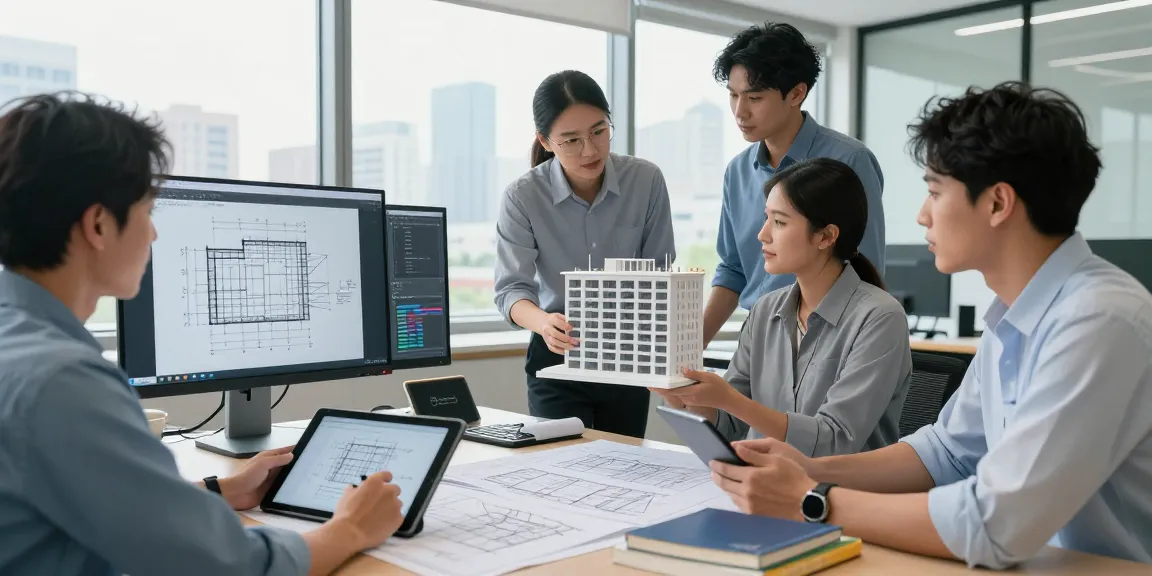 Collaboration among engineers analyzing structural designs in a modern office setting with city views, showcasing expertise in Structural Engineering Consultant USA.