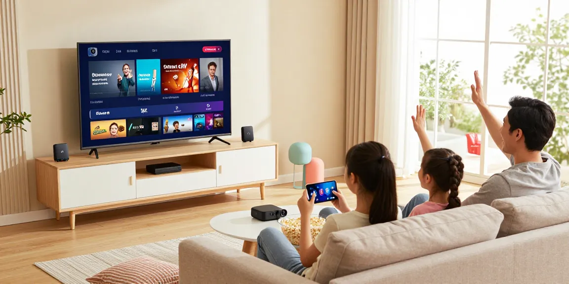 Family enjoying IPTV in a cozy living room with Smart TV and streaming devices.