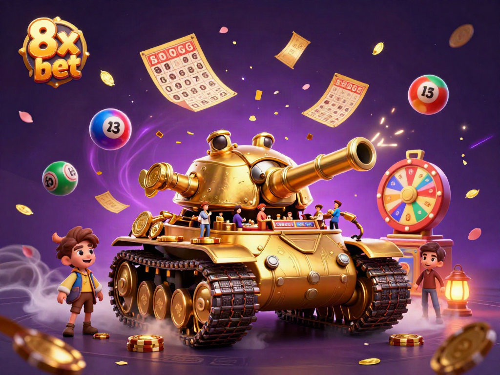Play and win exciting games at the 8x bet casino, featuring a golden beetle tank with a miniature casino inside.