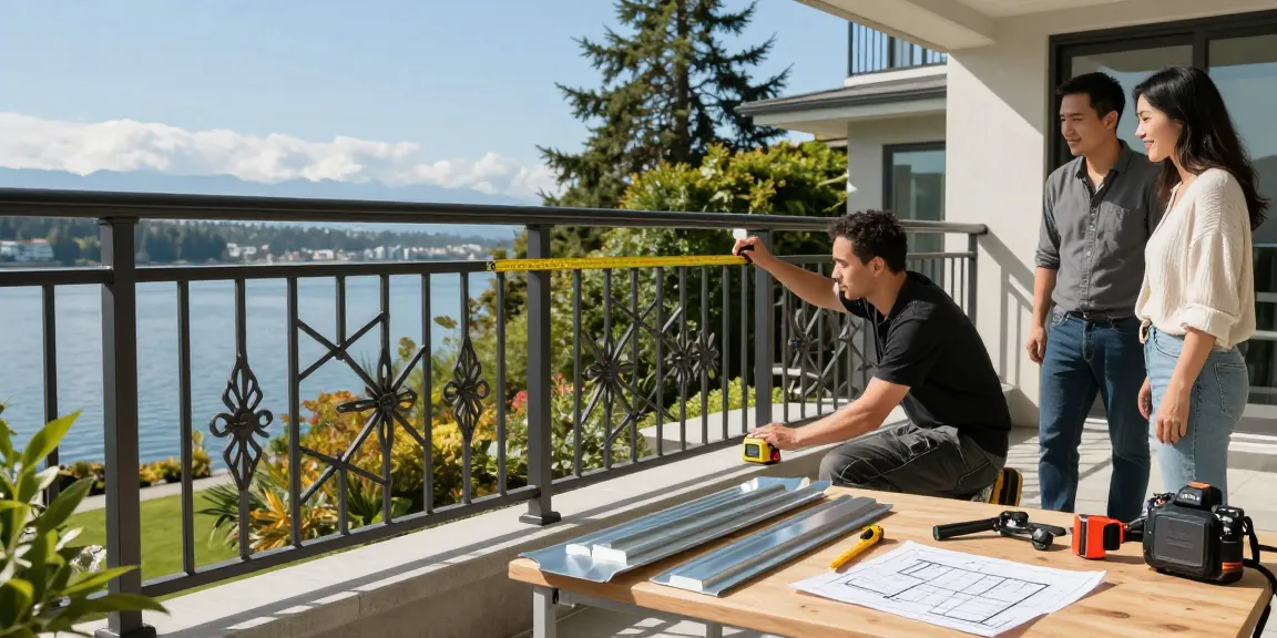 Custom railing installation in North Vancouver showcasing professional craftsmanship and beautiful design on a balcony overlooking greenery.