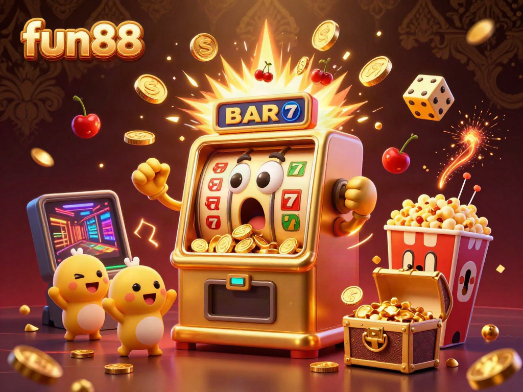 Experience fun88 excitement as the golden slot machine hits the jackpot amidst a shower of coins.