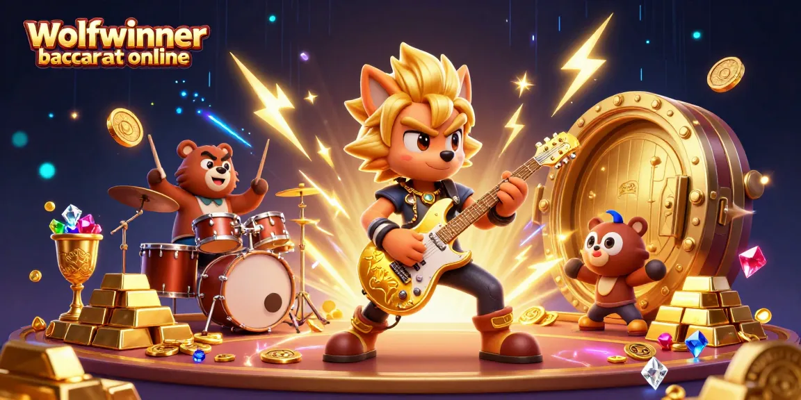 Exciting scene depicting wolfwinner baccarat online with a rock star wolf and a drummer bear in a vibrant casino.