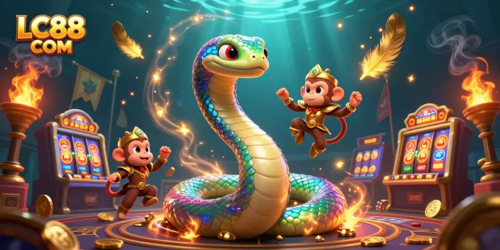 Experience excitement with LC88 COM as the vibrant rainbow serpent and golden monkey king create a thrilling casino atmosphere.