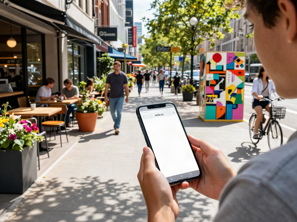 Explore urban living with streek.ca in a vibrant street scene showcasing cafes and art.