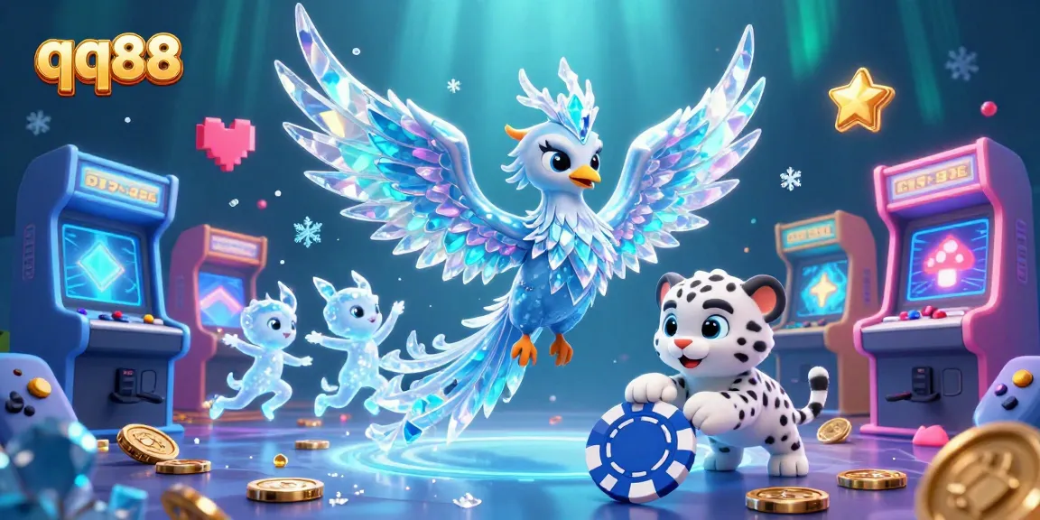 Experience thrilling gameplay at qq88 with a dazzling ice phoenix and playful snow leopard in a vibrant casino scene