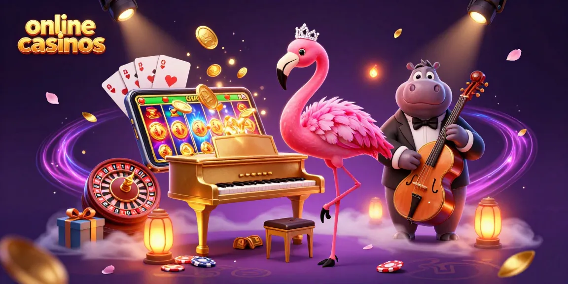 Engage with online casinos featuring lively flamingo singer and hippo bassist, amidst vibrant gaming elements.