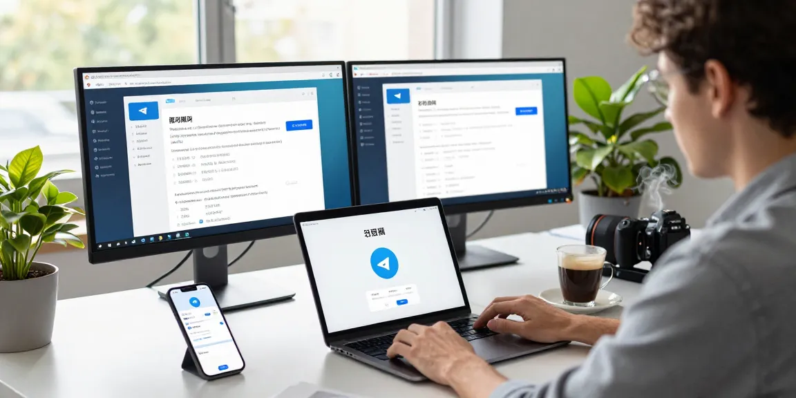 Setting up Telegram Chinese on a laptop in a modern workspace with dual monitors and coffee.