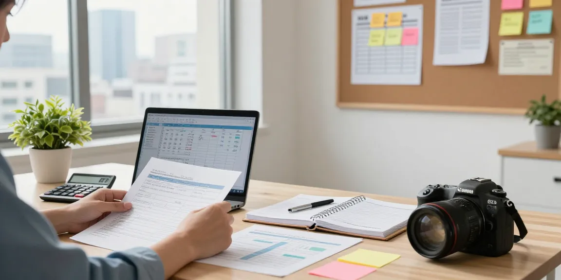 Small business accounting setup with owner reviewing financial statements at a modern desk, bright office atmosphere.