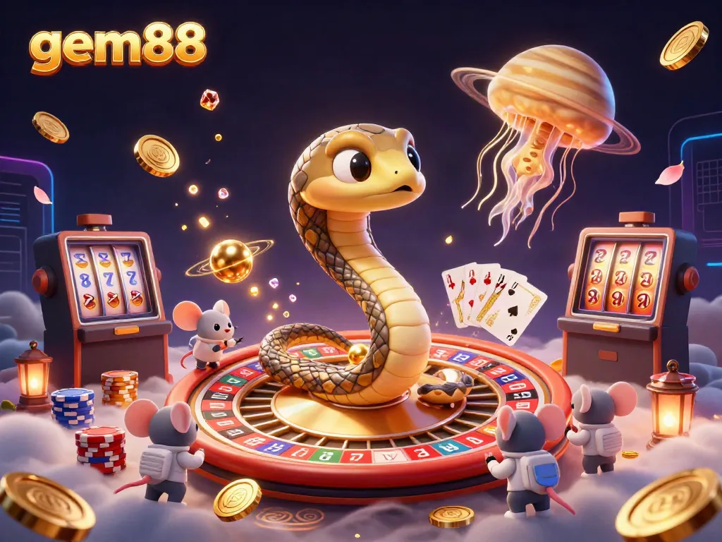 Experience the excitement of gem88 with a vibrant 3D casino scene featuring unique game elements.