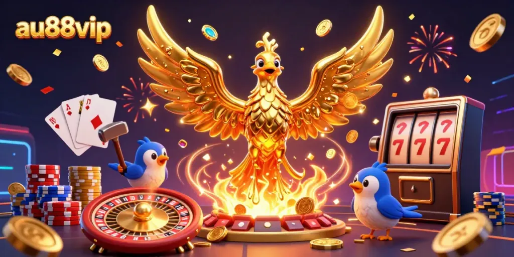 Experience the excitement of casino games with au88vip's stunning phoenix guardian of gold and casino riches.