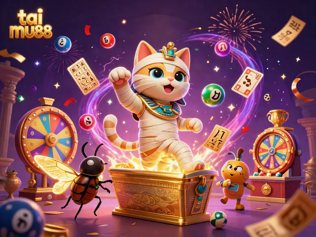 Experience the excitement of tai mu88 with a vibrant 3D scene featuring a mummy cat and more.