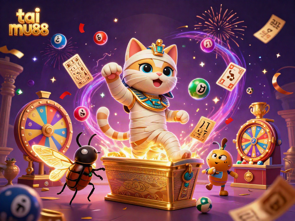 Experience the excitement of tai mu88 with a vibrant 3D scene featuring a mummy cat and more.