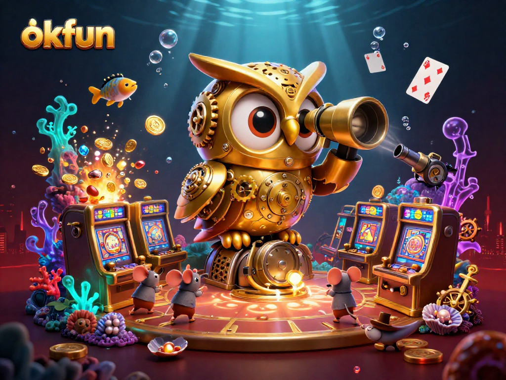 Experience the excitement at okfun's casino with a colorful illustration featuring a clockwork owl.