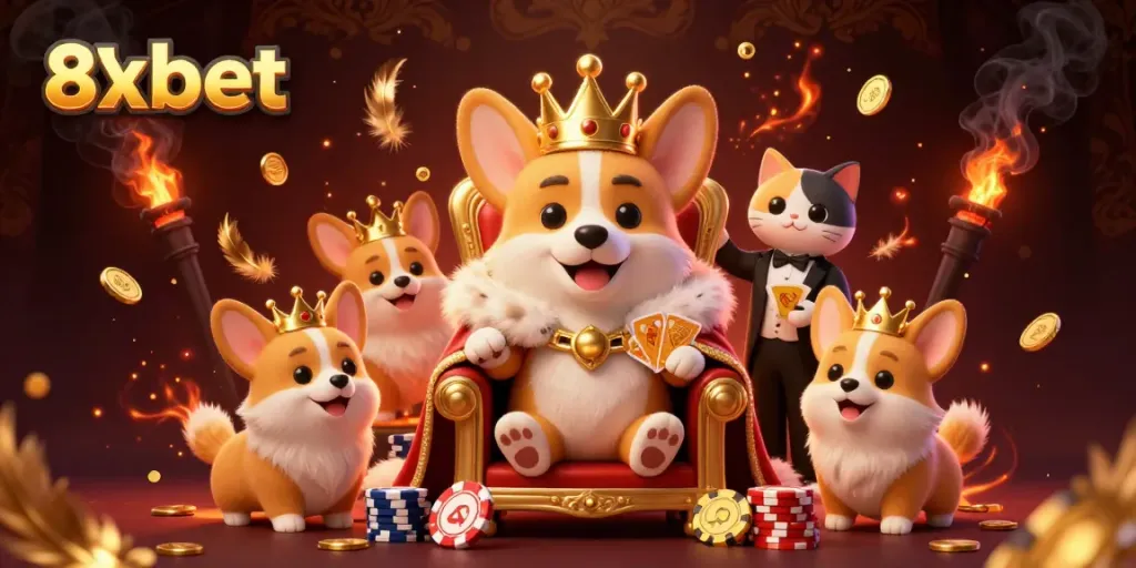 Engage with 8xbet's vibrant online gaming scene featuring a royal corgi king, interactive visuals, and golden elements.