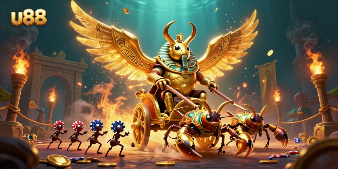 Experience the thrilling excitement at u88 with our vibrant casino-themed illustration showcasing a golden scarab beetle and scorpions.