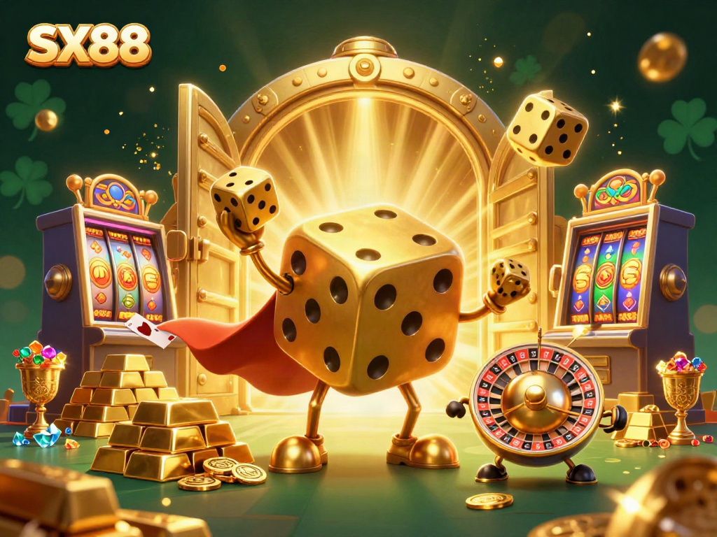 SX88 captures thrilling casino excitement with dancing dice and shiny jackpots.
