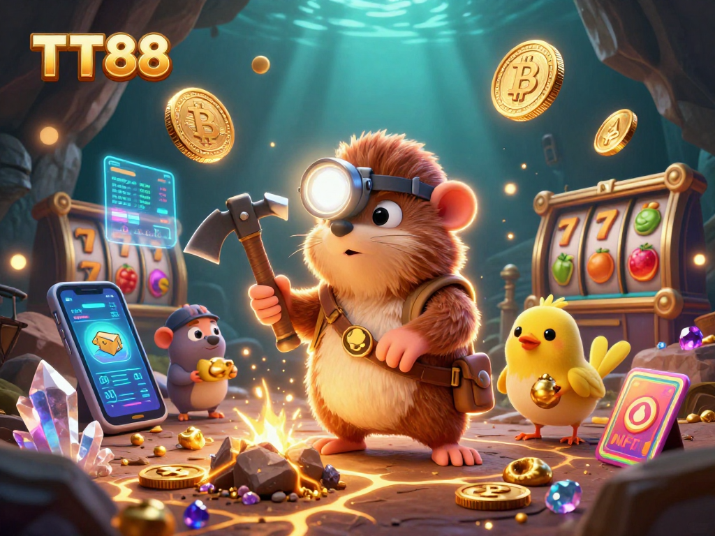 Experience TT88's engaging games in a vibrant, dynamic casino scene featuring treasures and slots.
