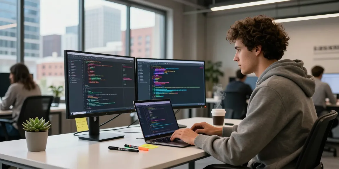 Engaging tech workspace with WPS Download on dual monitors and developer working