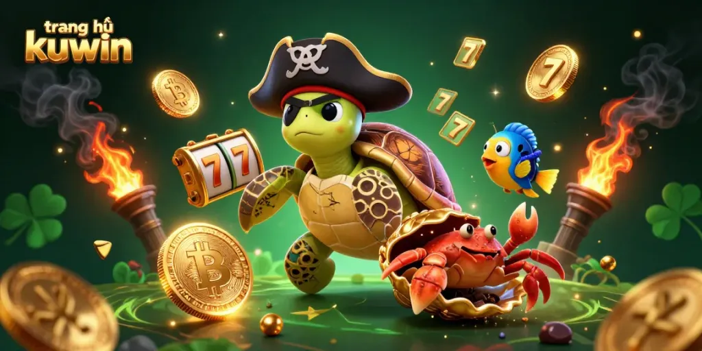Engage with the vibrant scene at trang chủ kuwin, featuring a pirate turtle and friends surrounded by slots and crypto coins.