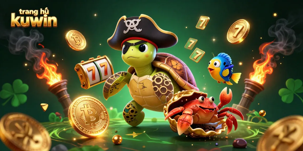 Engage with the vibrant scene at trang chủ kuwin, featuring a pirate turtle and friends surrounded by slots and crypto coins.