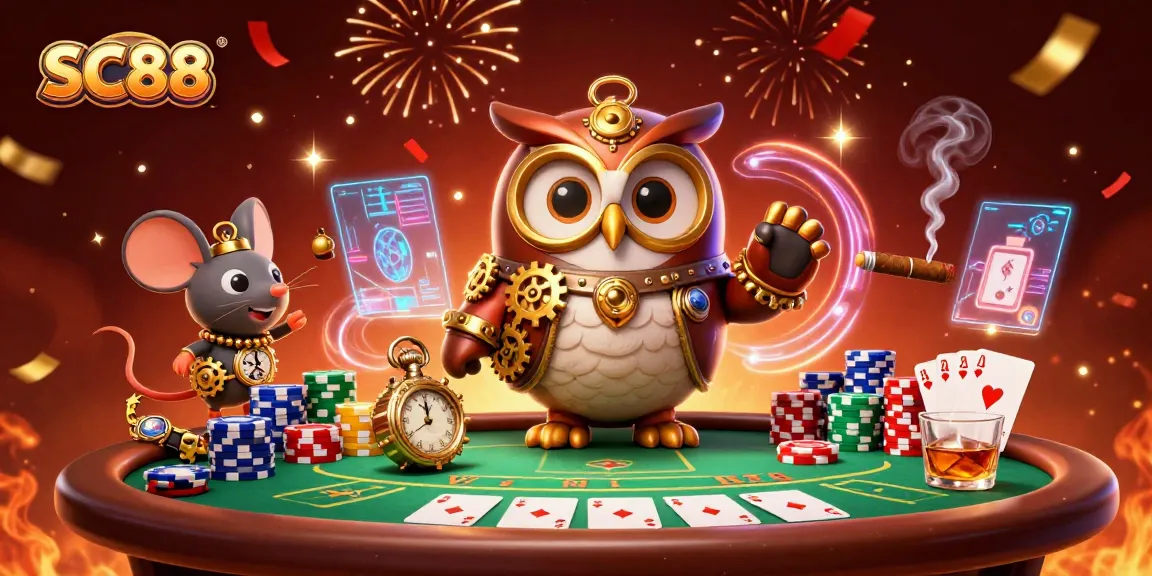 Engage in thrilling SC88 poker gameplay featuring a time-traveler owl and colorful chips.